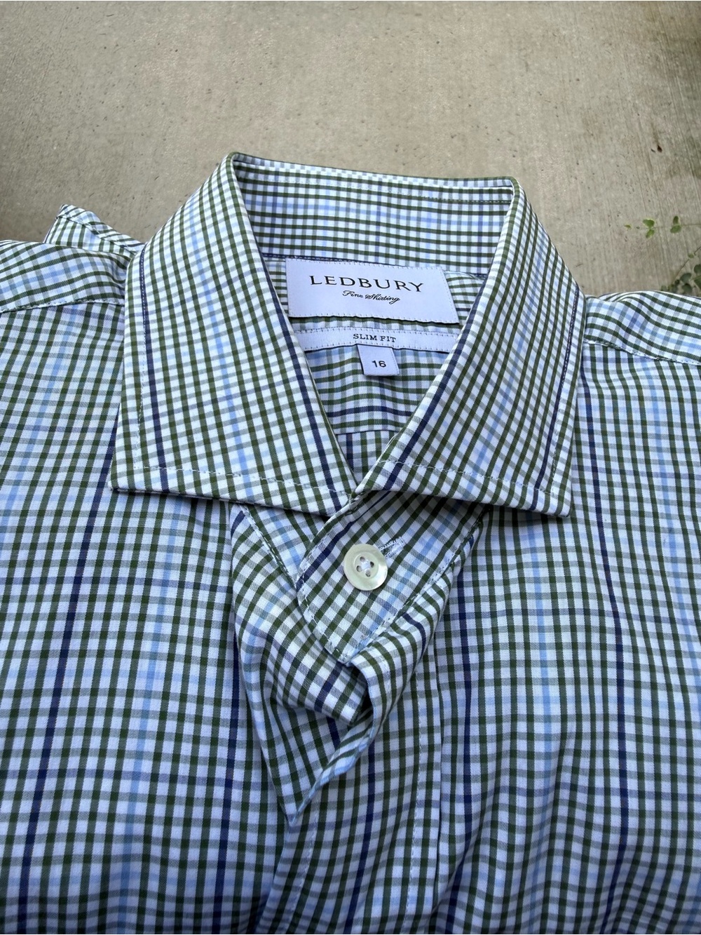Ledbury Men’s Cotton Check Dress Shirt Green Blue Neck 16 NWT